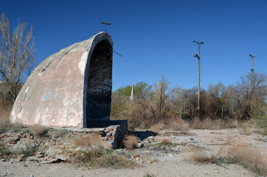 Abandoned Soviet Military Base In Central Asia. Former Soviet Missile Testing Range Sary Shagan.Dance Floor In Civilian Residential Area.May 6, 2017.Priozersk.Kazakhstan