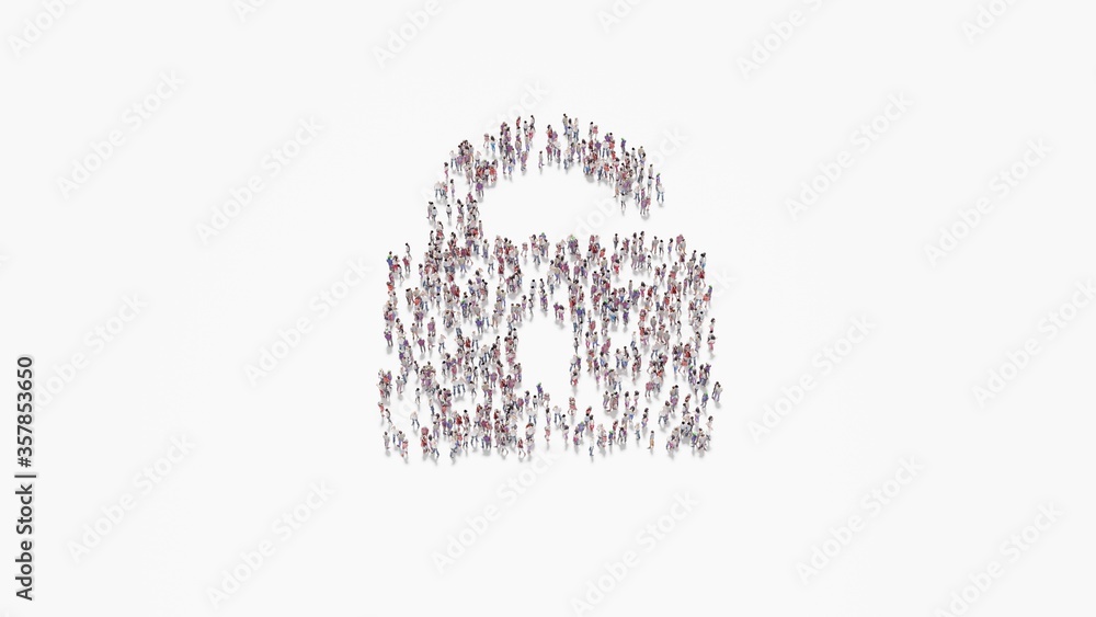 Poster 3d rendering of crowd of people in shape of symbol of padlock on white background isolated