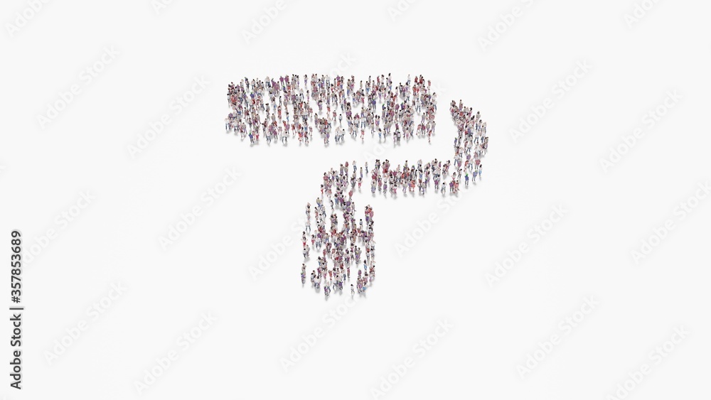 Poster 3d rendering of crowd of people in shape of symbol of paint roller on white background isolated