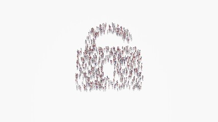 3d rendering of crowd of people in shape of symbol of padlock on white background isolated