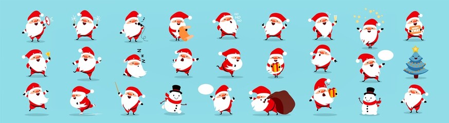 Santa Claus big Christmas and New Year set. Set of funny cartoon Santa with different emotions and situations. Vector illustration isolated on light blue background