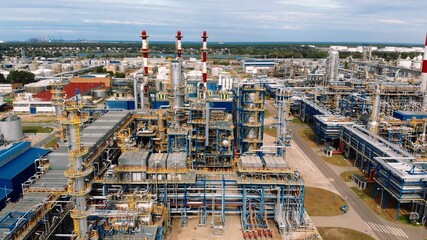 Industrial Gdansk oil refinery plant infrastructure, aerial drone shot. High quality photo