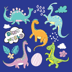 Cute little dinosaur collection on a blue background