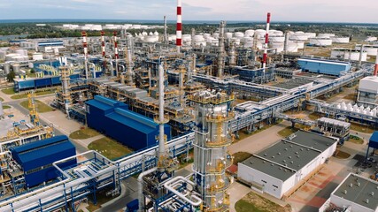 Aerial shot over a oil refinery industrial area. High quality photo