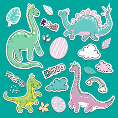 Cute little dinosaur collection patch badges on a blue background