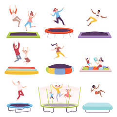 Happy People Jumping on Trampoline, Men, Women and Kids Having Fun Together, Active Healthy Lifestyle, Summer Time Attraction Flat Style Vector Illustration