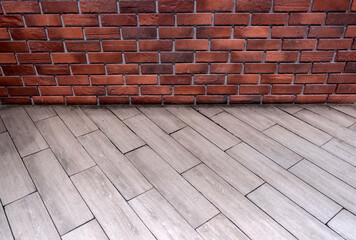 New brick wall and wooden floor interior office building or home and living architecture decoration for banner with copy space text and advertising