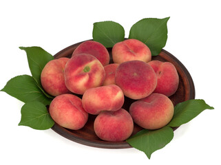 Fig peaches with leaves in a plate isolated on white