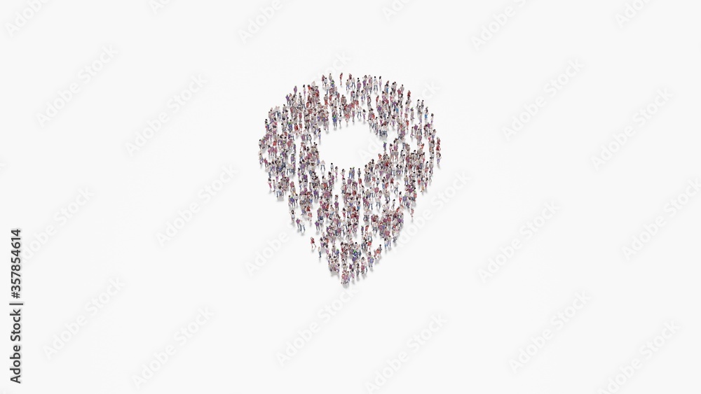 Poster 3d rendering of crowd of people in shape of symbol of placeholder on white background isolated