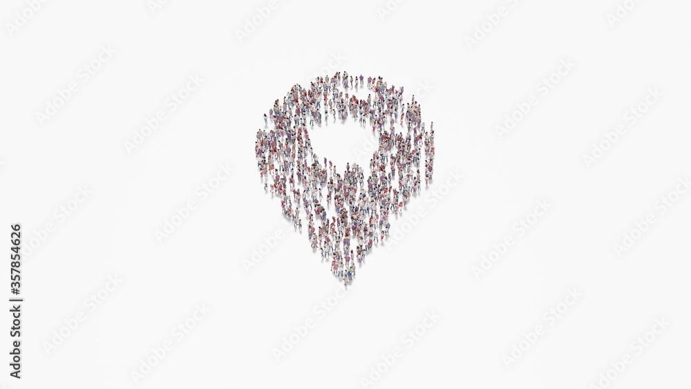 Poster 3d rendering of crowd of people in shape of symbol of placeholder on white background isolated