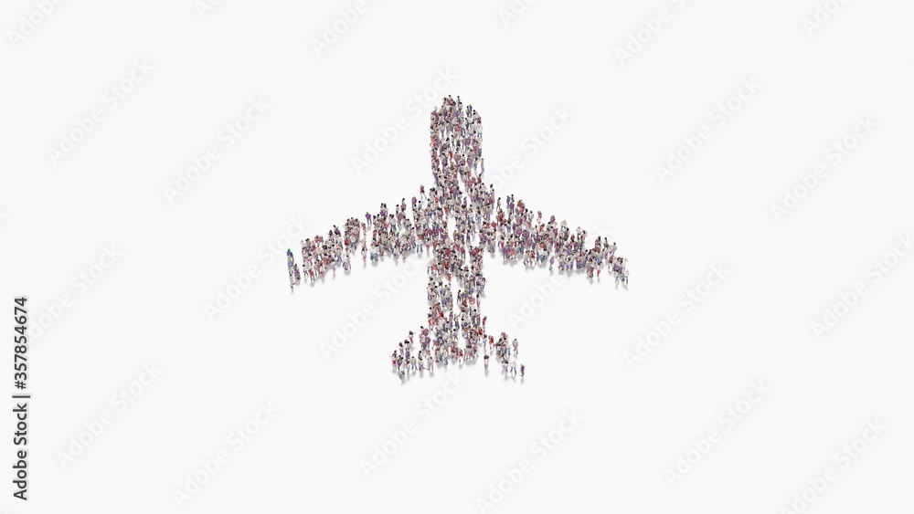 Poster 3d rendering of crowd of people in shape of symbol of plane on white background isolated