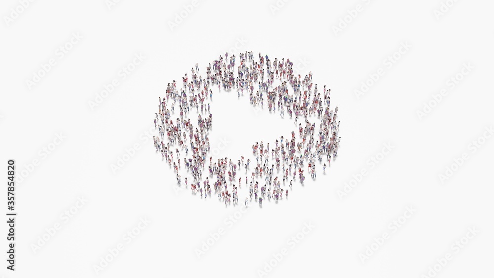 Poster 3d rendering of crowd of people in shape of symbol of play circle on white background isolated