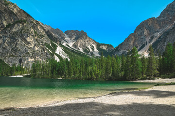 Naklejka na ściany i meble landscape view of lake in mountains. summer sunny day
