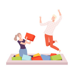 Young Man and Woman Bouncing on Trampoline, Couple Having Fun Together Playing with Soft Cubes, Active Healthy Lifestyle Flat Style Vector Illustration
