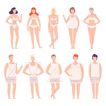 People in White Underwear Set, Five Types of Male and Female Body Shapes, Hourglass, Inverted Triangle, Round, Rectangle, Triangle Flat Style Vector Illustration