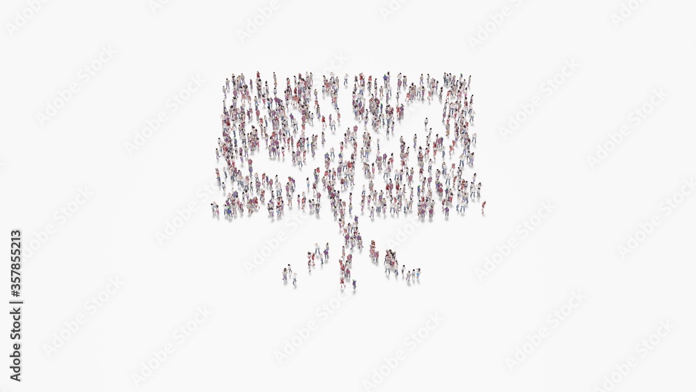 Poster 3d rendering of crowd of people in shape of symbol of presentation on white background isolated