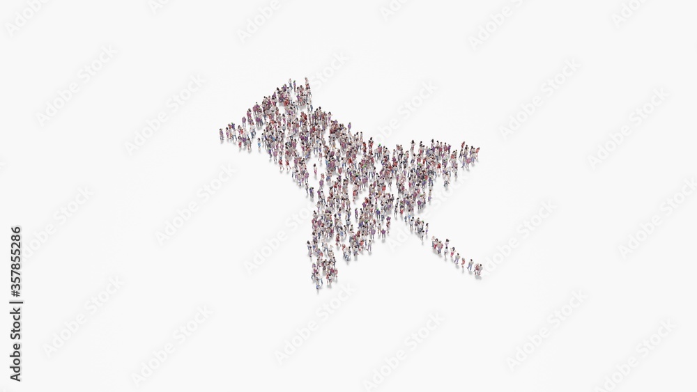 Poster 3d rendering of crowd of people in shape of symbol of push pin on white background isolated