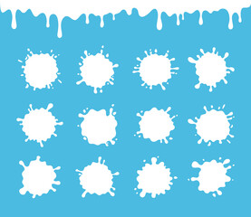 Vector set of milk blots splashes icon for web, mobile app, logo, infographics, packaging. Stains and drops of cream, milkshake. Milk emblem and dairy labels. Milk beverage drops.Grunge paint splashes