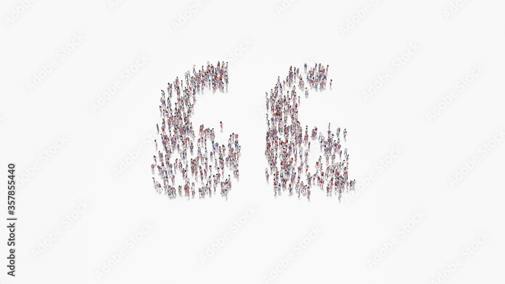 Poster 3d rendering of crowd of people in shape of symbol of quote left on white background isolated