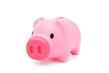 Pink pig piggy toy plastic or for use money coin saving concept isolated on white background with...