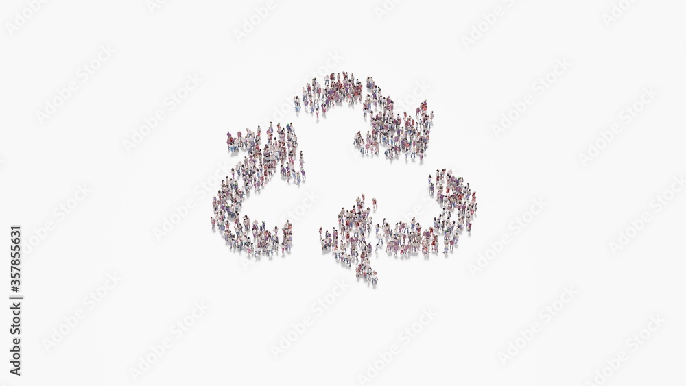 Poster 3d rendering of crowd of people in shape of symbol of recycle on white background isolated