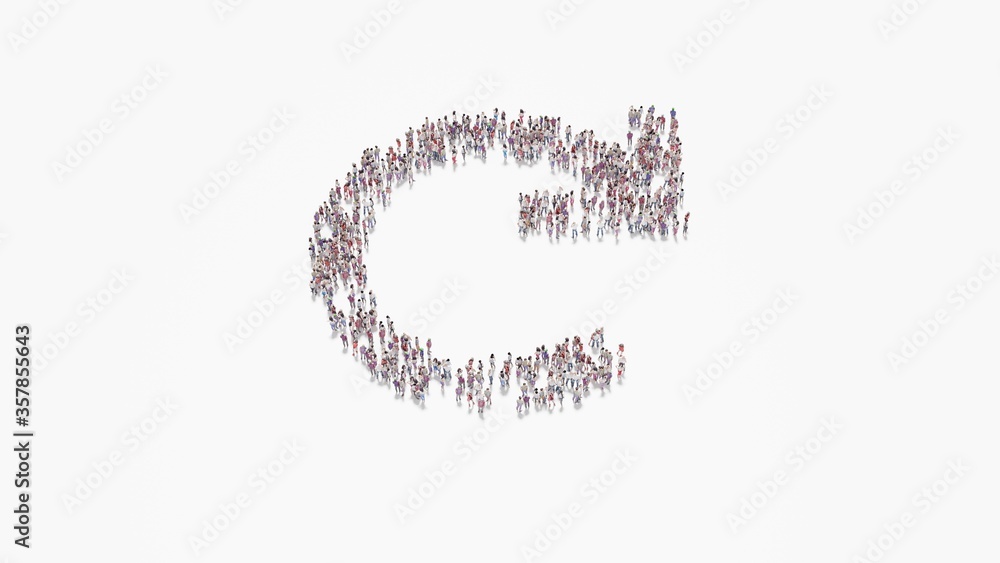 Poster 3d rendering of crowd of people in shape of symbol of redo on white background isolated
