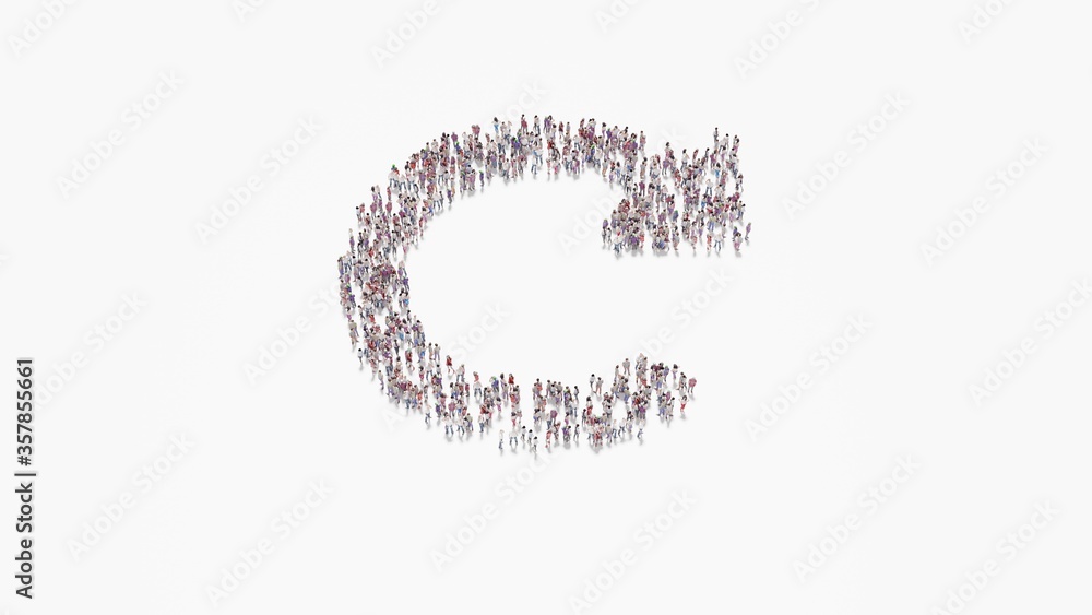 Poster 3d rendering of crowd of people in shape of symbol of redo on white background isolated