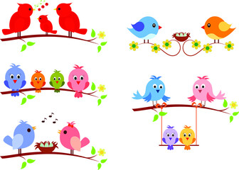 Tree Branches with Birds and Flowers Vector Illustrations , Set of Birds 
