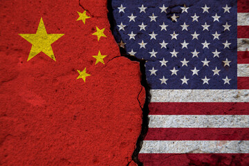 Concept of tensions in foreign relations between USA and China. A large crack in the wall with...