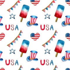 4th of july seamless pattern. Patriotic american holiday watercolor fabric texture in red and blue colors. Independence day of America festive background. Handdrawn illustration for scrapbook design