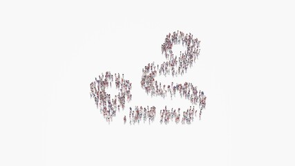 3d rendering of crowd of people in shape of symbol of route on white background isolated