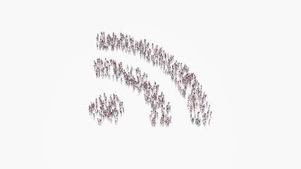 3d rendering of crowd of people in shape of symbol of rss on white background isolated