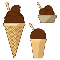 Set of chocolate ice cream: waffle Cup, cone, plate on a white isolated background.