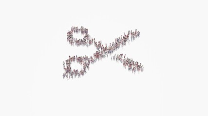 3d rendering of crowd of people in shape of symbol of scissors on white background isolated