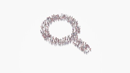 3d rendering of crowd of people in shape of symbol of search on white background isolated