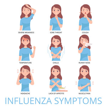Girl Suffering from Symptoms of Viral Infection Set, Severe Weakness, Sore Throat, Temperature, Cough, Chills, Runny Nose, Headache, Muscle Pain Vector Illustration