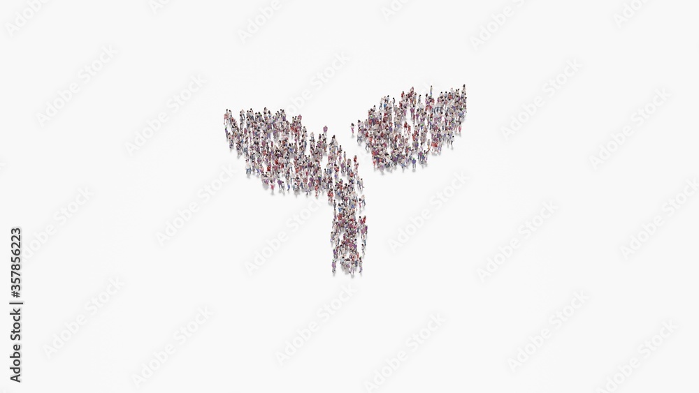 Poster 3d rendering of crowd of people in shape of symbol of seedling on white background isolated