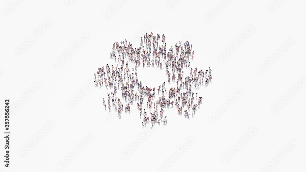 Aufkleber 3d rendering of crowd of people in shape of symbol of settings on white background isolated