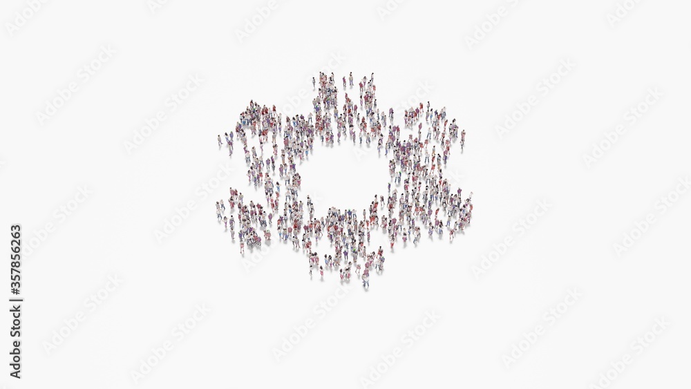 Poster 3d rendering of crowd of people in shape of symbol of settings on white background isolated