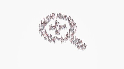 3d rendering of crowd of people in shape of symbol of search plus on white background isolated