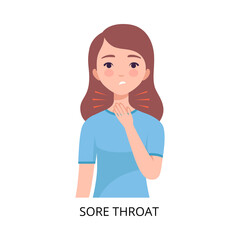 Sore Throat, Girl Suffering from Symptom of Viral Infection, Influenza or Respiratory Illness, Healthcare and Medicine Information about Flu and Virus Prevention Vector Illustration