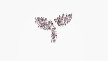 3d rendering of crowd of people in shape of symbol of seedling on white background isolated