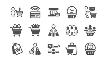 Buyer customer icons set. Group of people, contactless payment and shopping cart. Store, buyer loyalty card, client ranking set icons. Shopping timer, phone payment, currency. Quality set. Vector