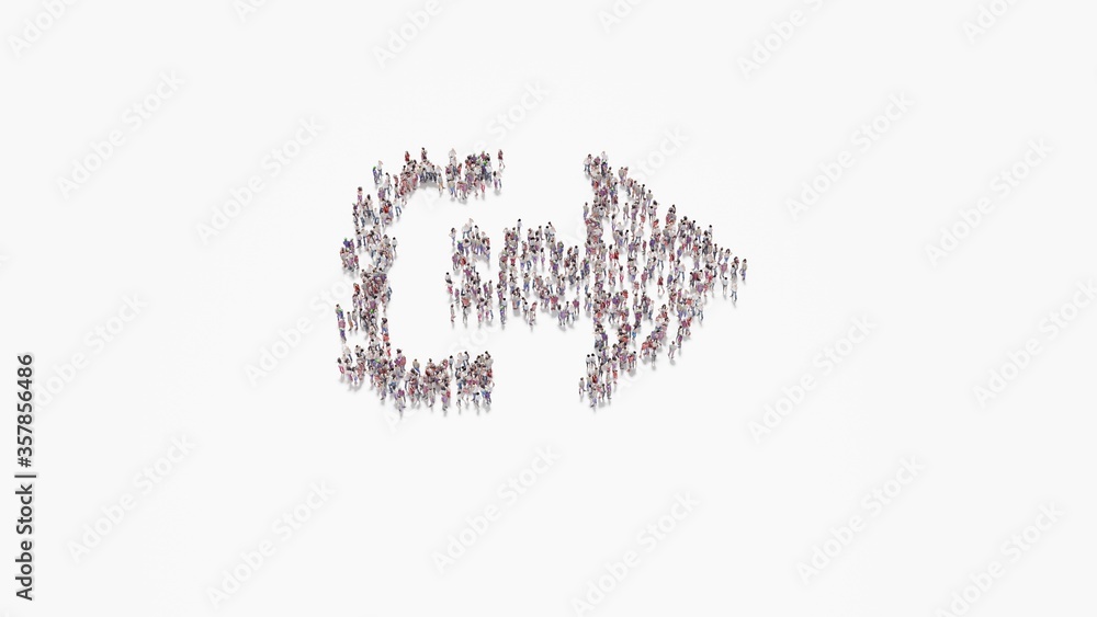 Poster 3d rendering of crowd of people in shape of symbol of sign out alt on white background isolated