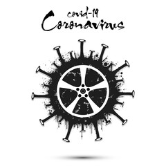 Obraz premium Coronavirus sign with car wheel made of blots. Stop covid-19 outbreak. Caution risk disease 2019-nCoV. Cancellation of sports tournaments due to an outbreak of coronavirus. Vector illustration