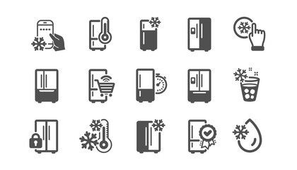 Fridge icons set. Freezer storage, refrigerator, smart fridge machine. Water with ice, cooler box, thermometer icons. Wi-fi remote access, thermostat timer, smart freezer. Quality set. Vector
