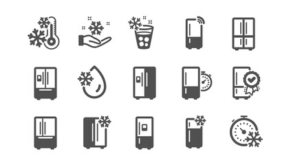 Fridge icons set. Refrigerator, smart fridge machine, freezer storage. Water with ice, cooler box, thermometer icons. Wi-fi remote access, thermostat timer, smart freezer. Quality set. Vector