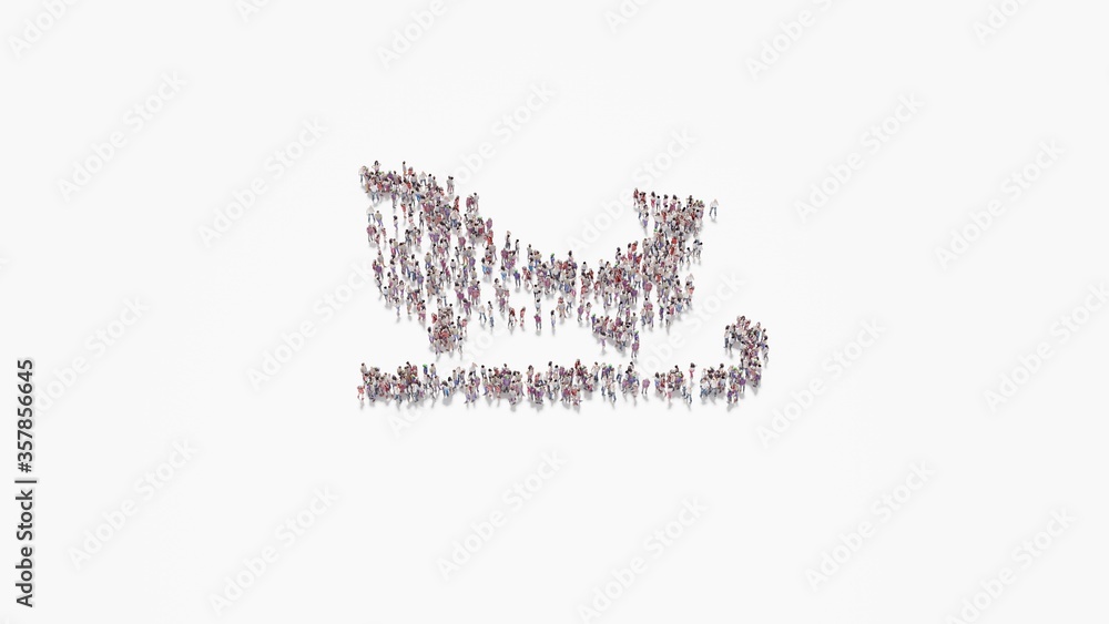 Poster 3d rendering of crowd of people in shape of symbol of sleigh on white background isolated