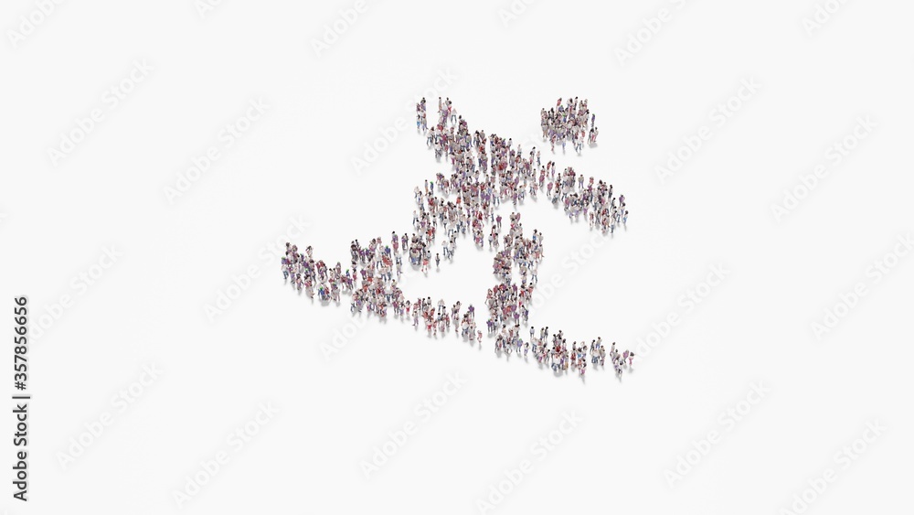 Poster 3d rendering of crowd of people in shape of symbol of snowboarding on white background isolated