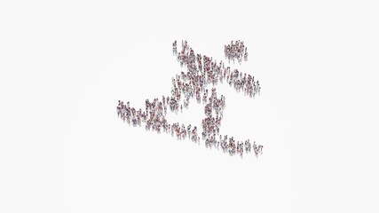 3d rendering of crowd of people in shape of symbol of snowboarding on white background isolated